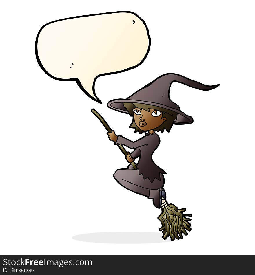 cartoon witch riding broomstick with speech bubble