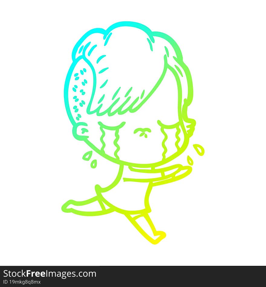 cold gradient line drawing cartoon crying girl running away