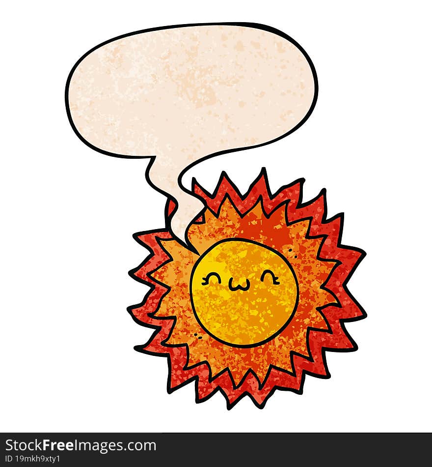 cartoon sun with speech bubble in retro texture style