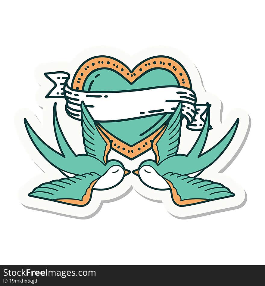 tattoo style sticker of a swallows and a heart with banner