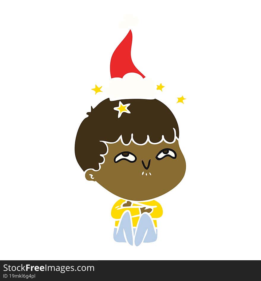 hand drawn flat color illustration of a amazed boy wearing santa hat