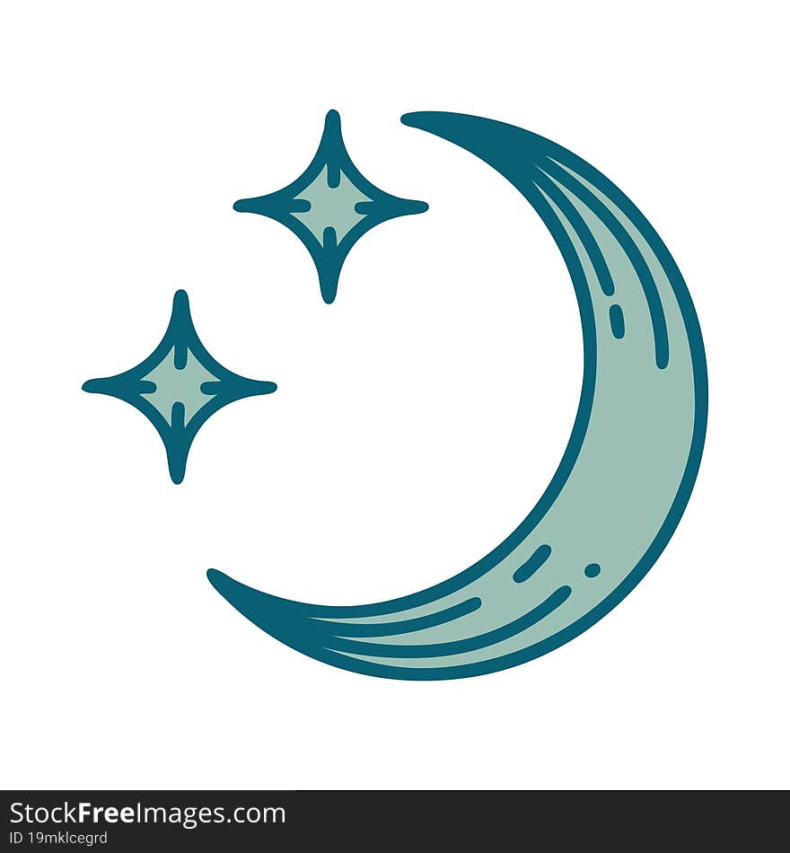 iconic tattoo style image of a moon and stars. iconic tattoo style image of a moon and stars