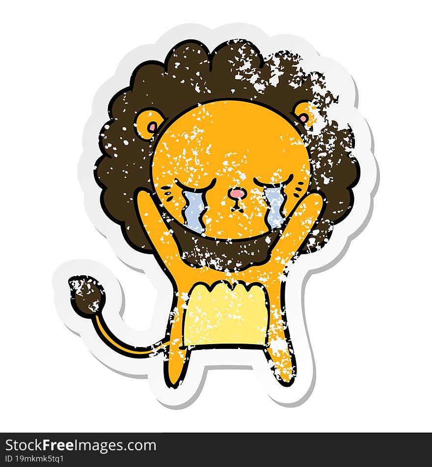 Distressed Sticker Of A Crying Cartoon Lion