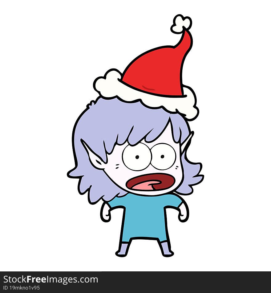 hand drawn line drawing of a shocked elf girl wearing santa hat