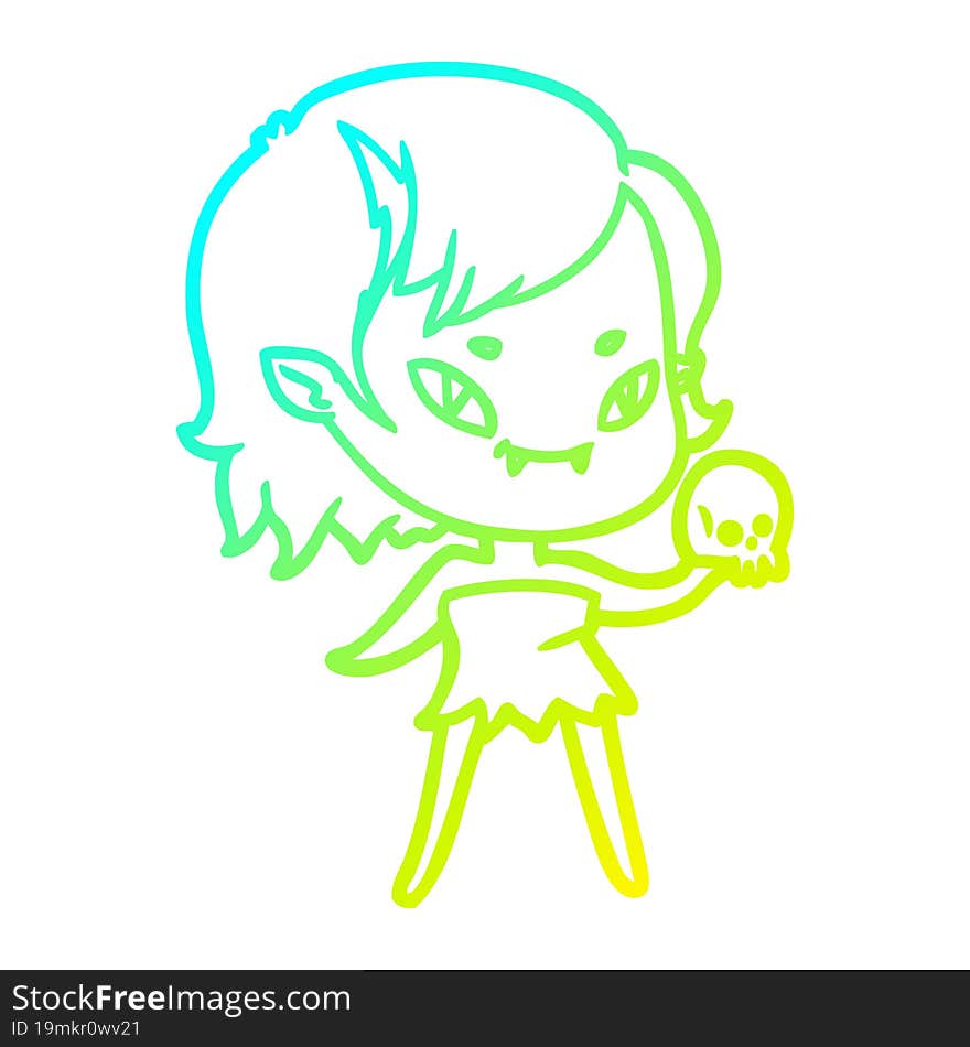 cold gradient line drawing cartoon friendly vampire girl with skull