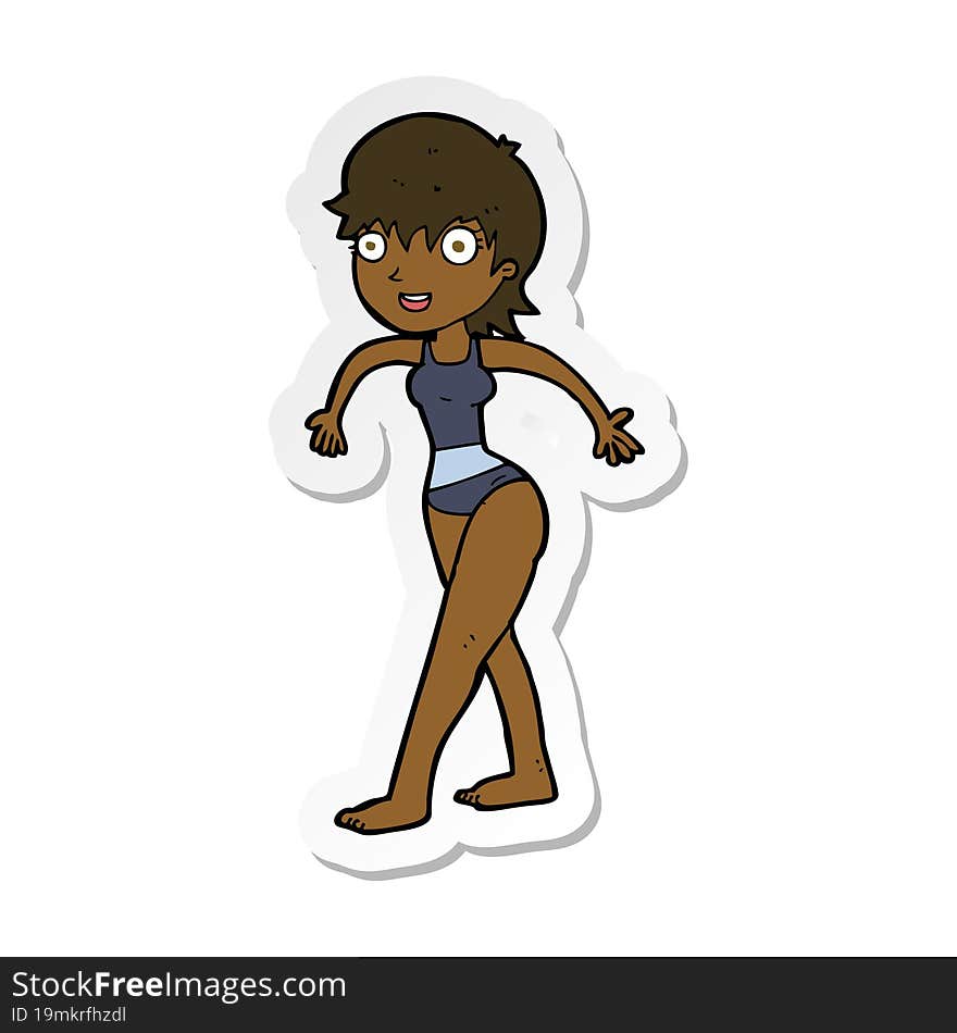 sticker of a cartoon happy woman in swimming costume