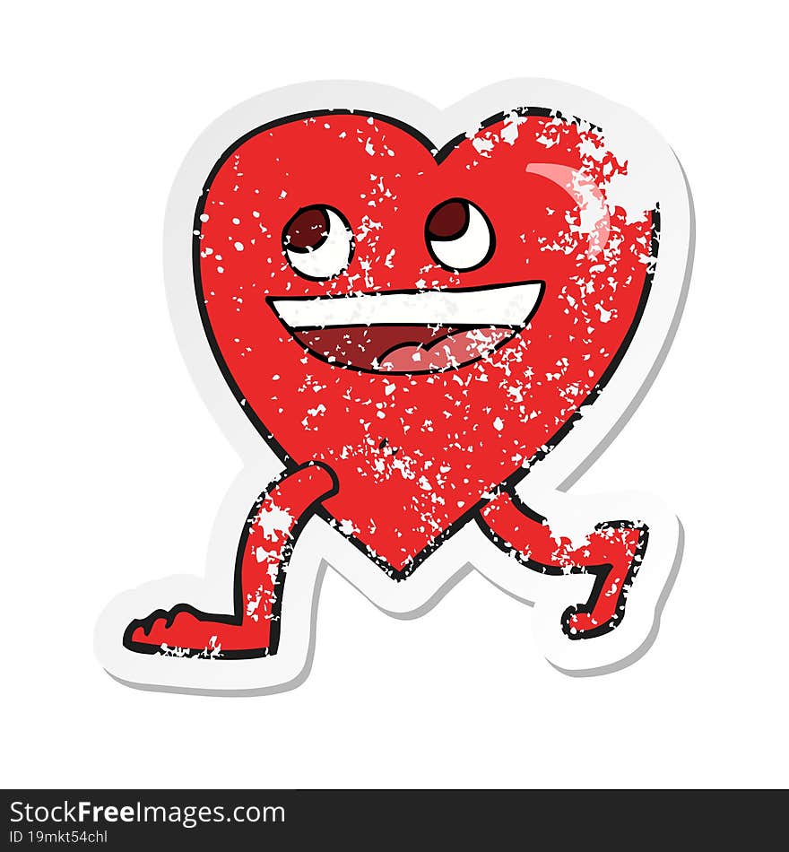 retro distressed sticker of a cartoon walking heart