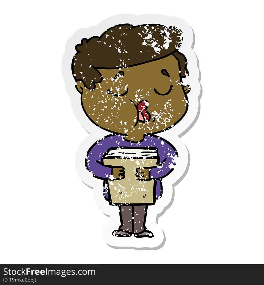 distressed sticker of a cartoon man holding book and singing