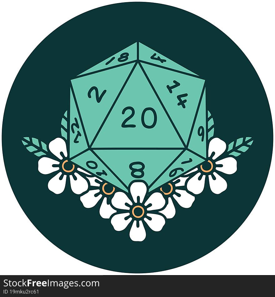 Natural 20 D20 Dice Roll With Floral Elements Icon