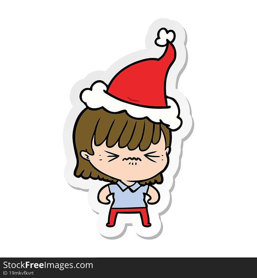 annoyed sticker cartoon of a girl wearing santa hat