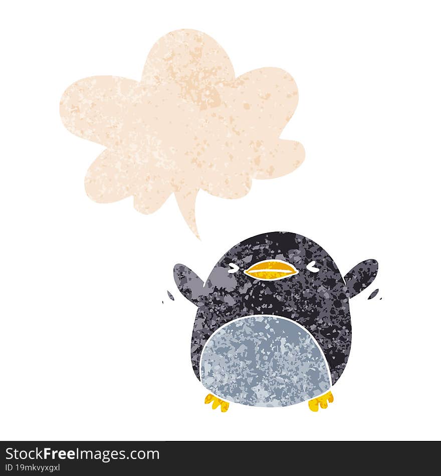 cute cartoon flapping penguin and speech bubble in retro textured style