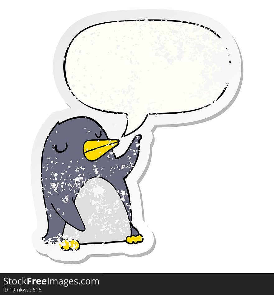 cartoon penguin and speech bubble distressed sticker