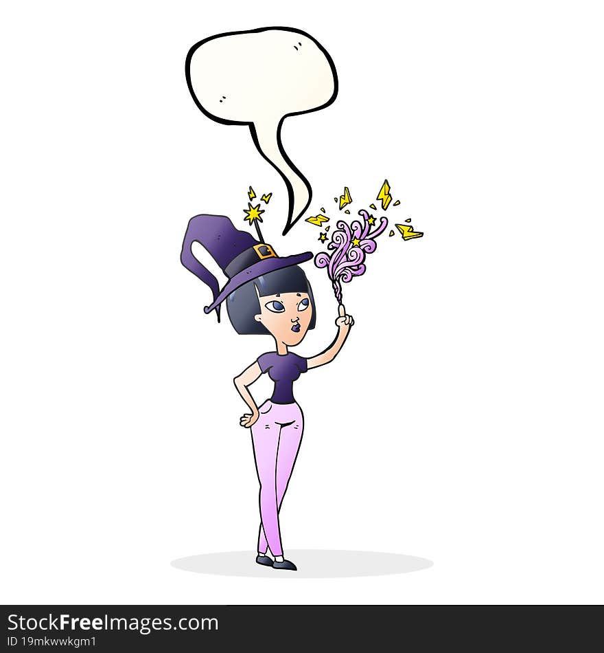 freehand drawn speech bubble cartoon witch casting spell