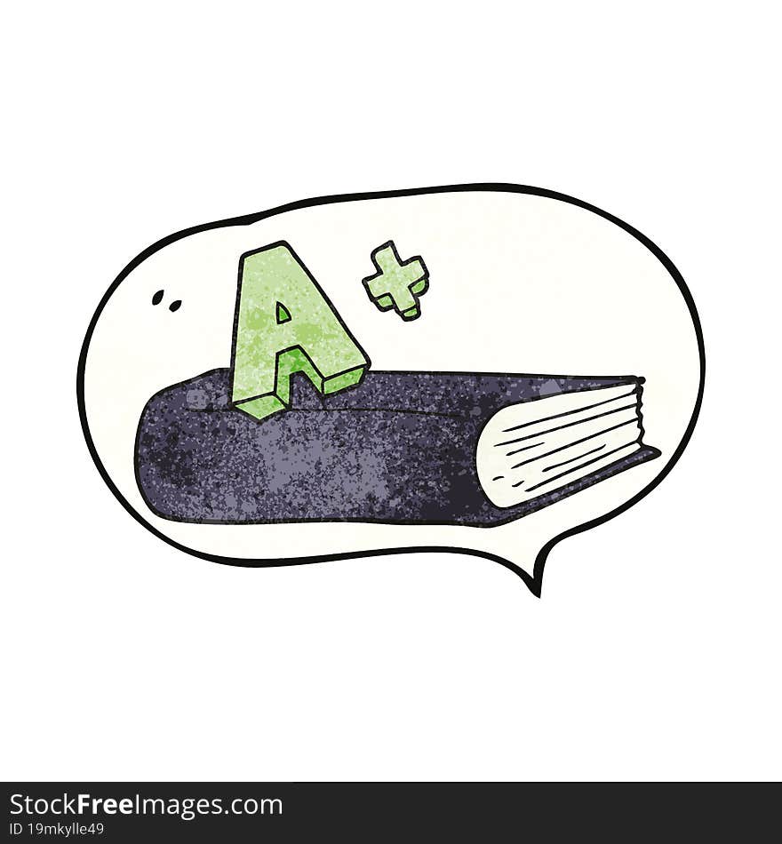 freehand speech bubble textured cartoon A grade symbol and book