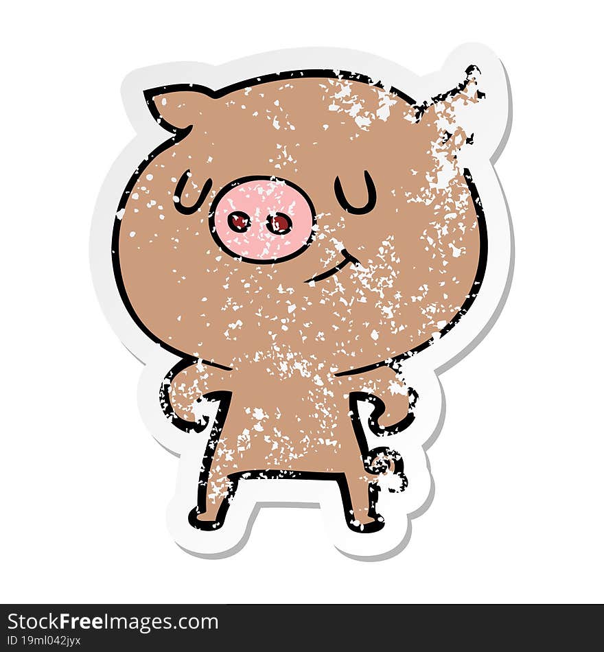 distressed sticker of a happy cartoon pig