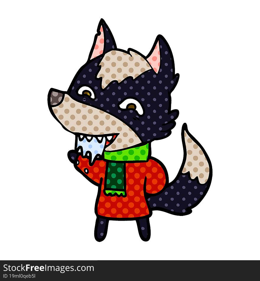 cartoon hungry wolf in winter clothes. cartoon hungry wolf in winter clothes