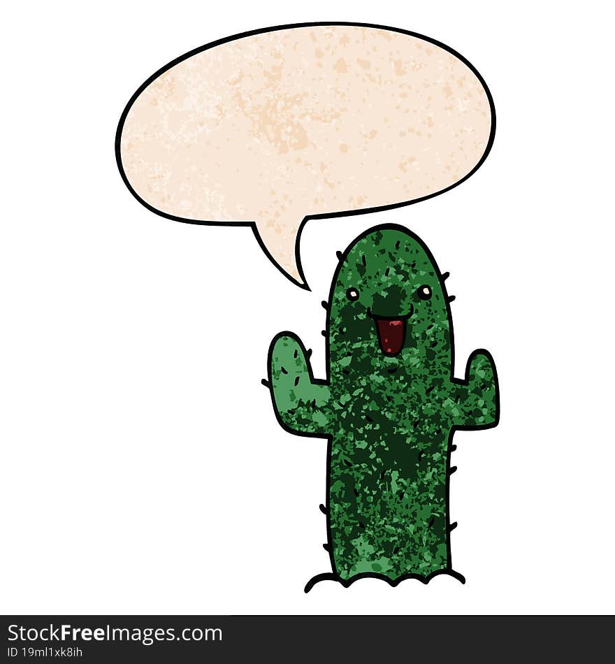 cartoon cactus and speech bubble in retro texture style