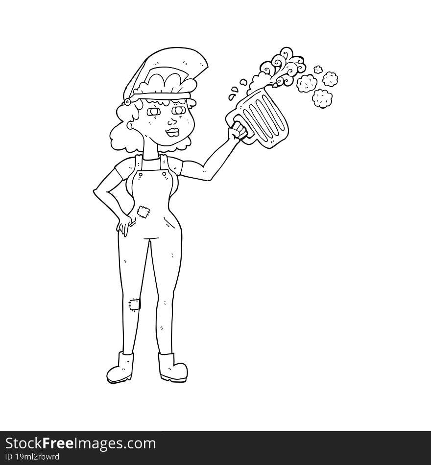 Black And White Cartoon Hard Working Woman With Beer