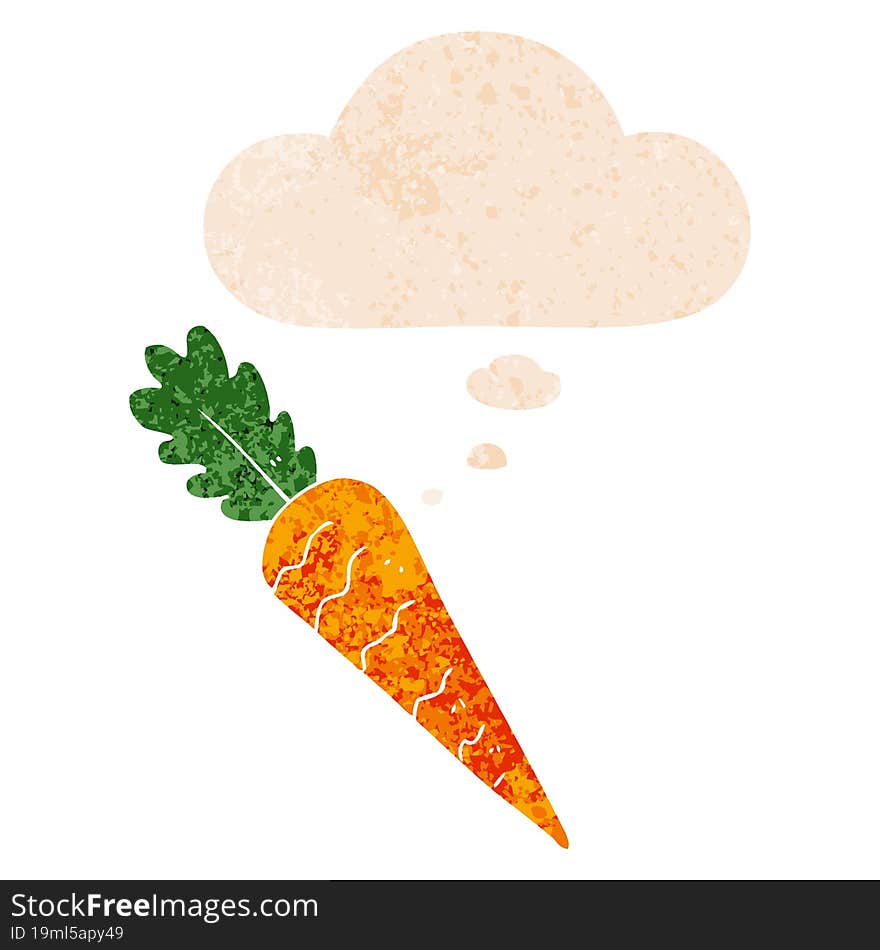 cartoon carrot and thought bubble in retro textured style