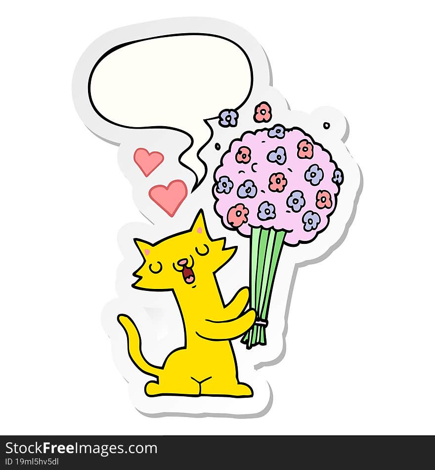 cartoon cat in love and flowers and speech bubble sticker