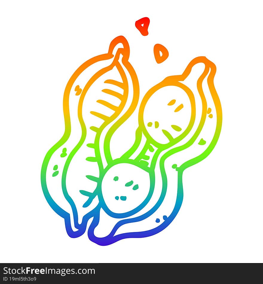 rainbow gradient line drawing of a cartoon peas in pod