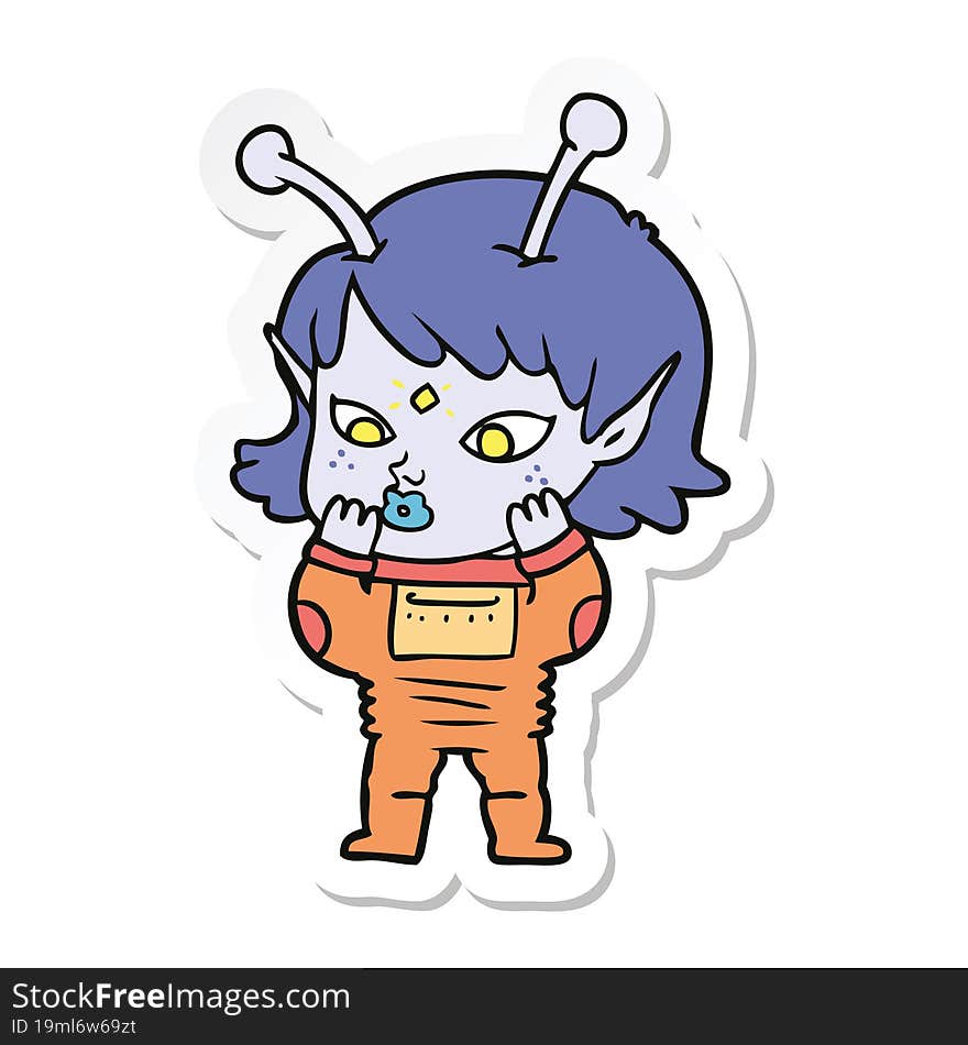 sticker of a pretty cartoon nervous alien girl