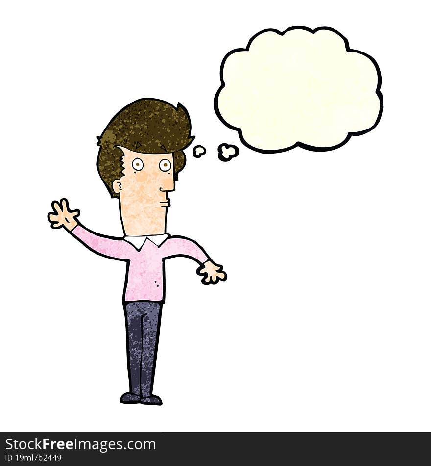 cartoon nervous man waving with thought bubble