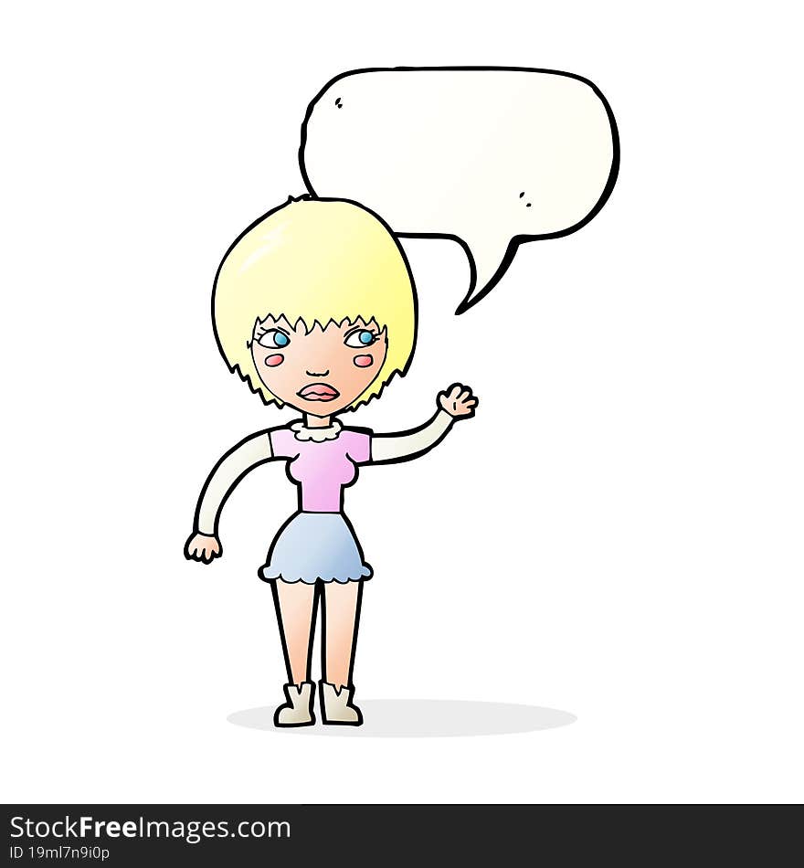 cartoon waving woman with speech bubble