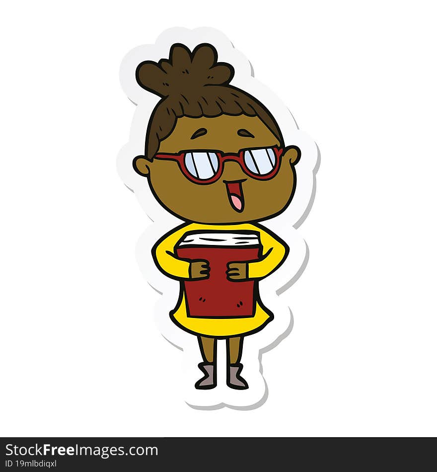 sticker of a cartoon happy woman wearing spectacles