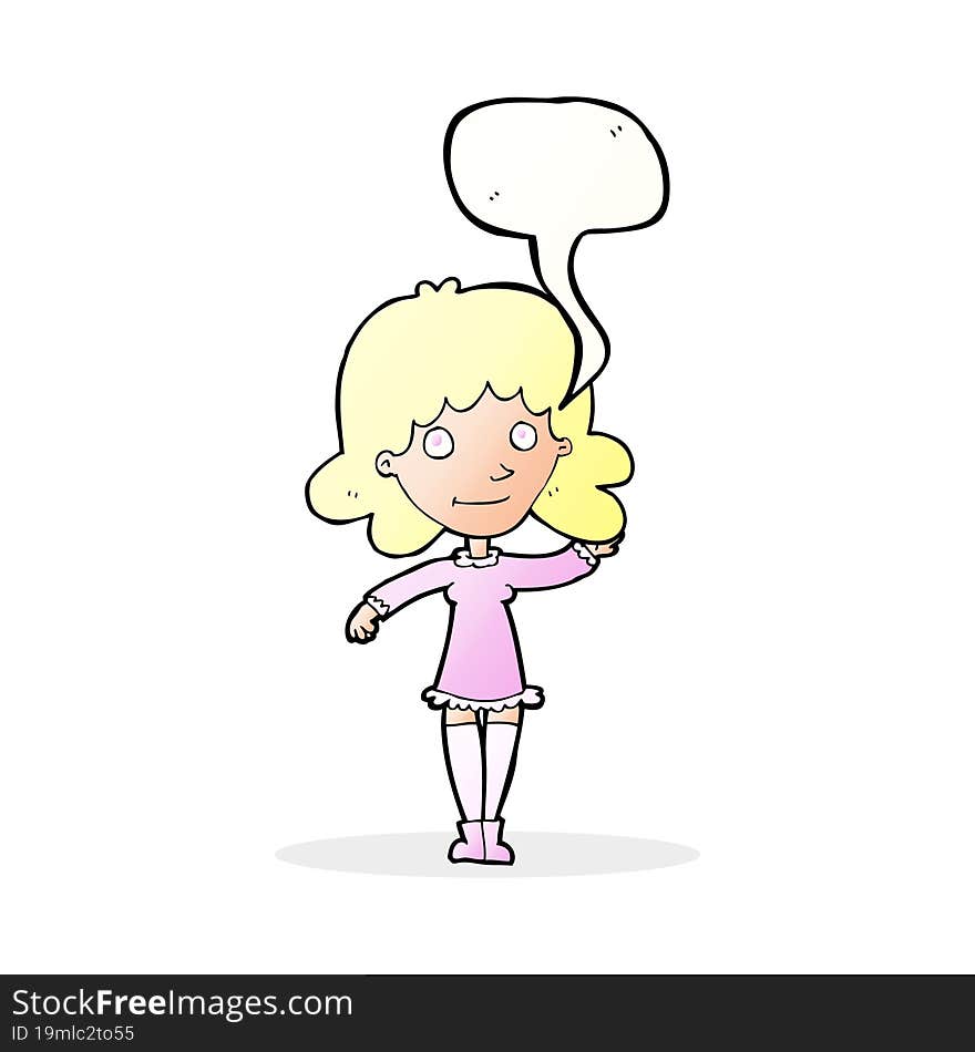 cartoon friendly woman waving with speech bubble