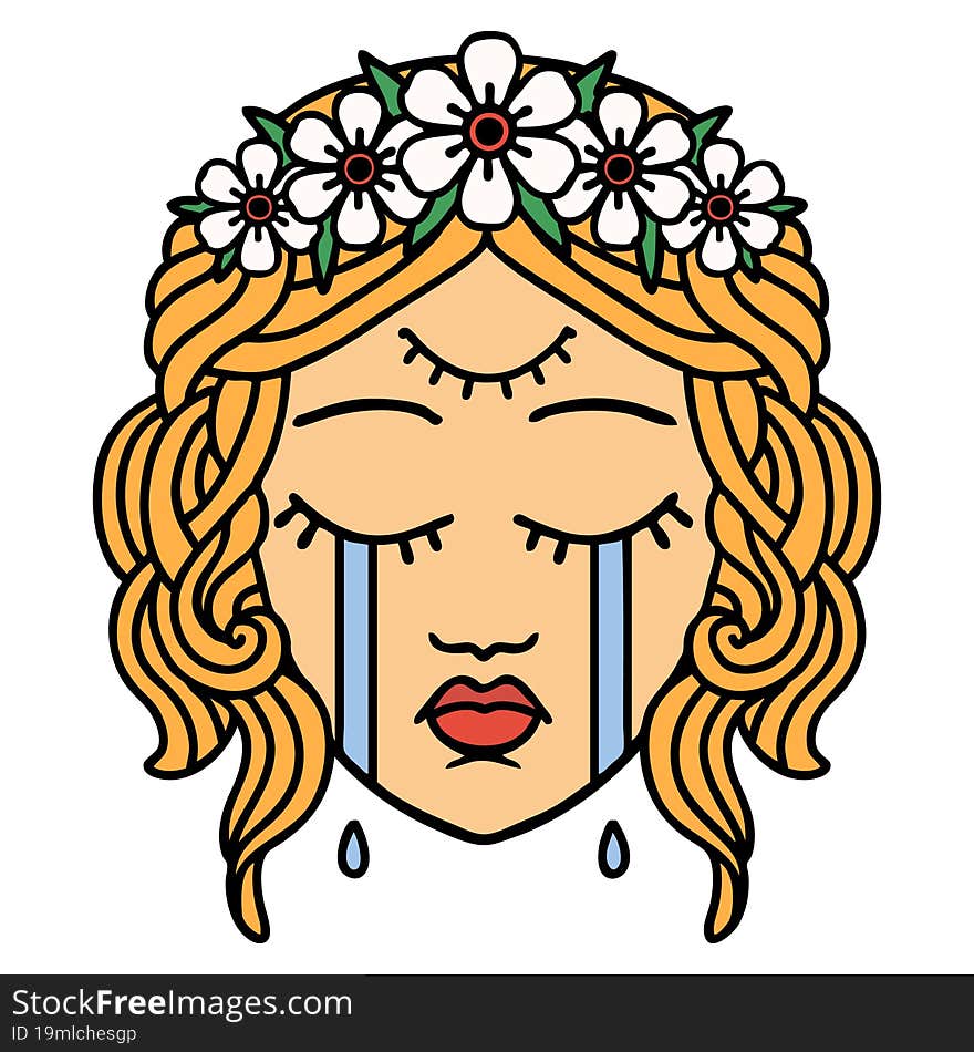 tattoo in traditional style of female face with third eye and crown of flowers cyring. tattoo in traditional style of female face with third eye and crown of flowers cyring