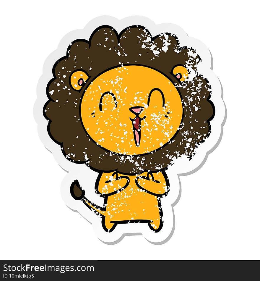 Distressed Sticker Of A Laughing Lion Cartoon