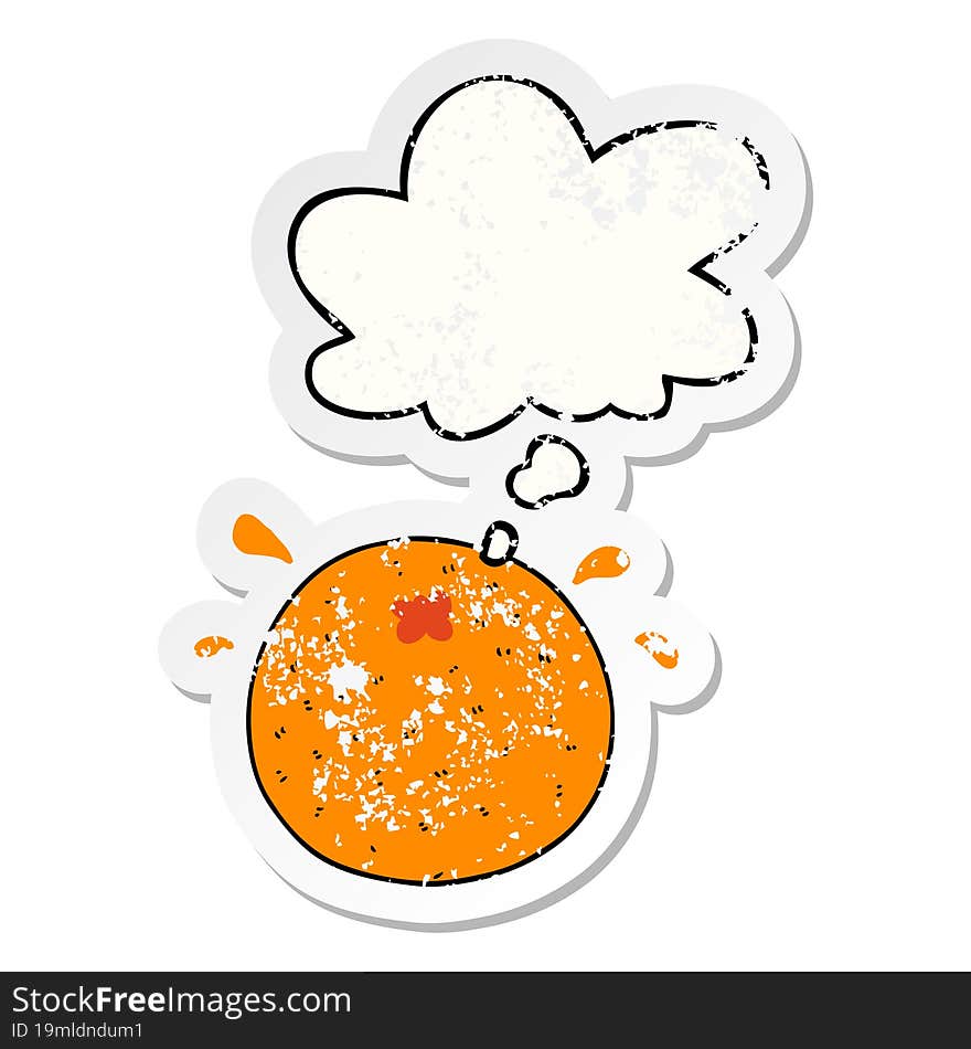 cartoon orange with thought bubble as a distressed worn sticker