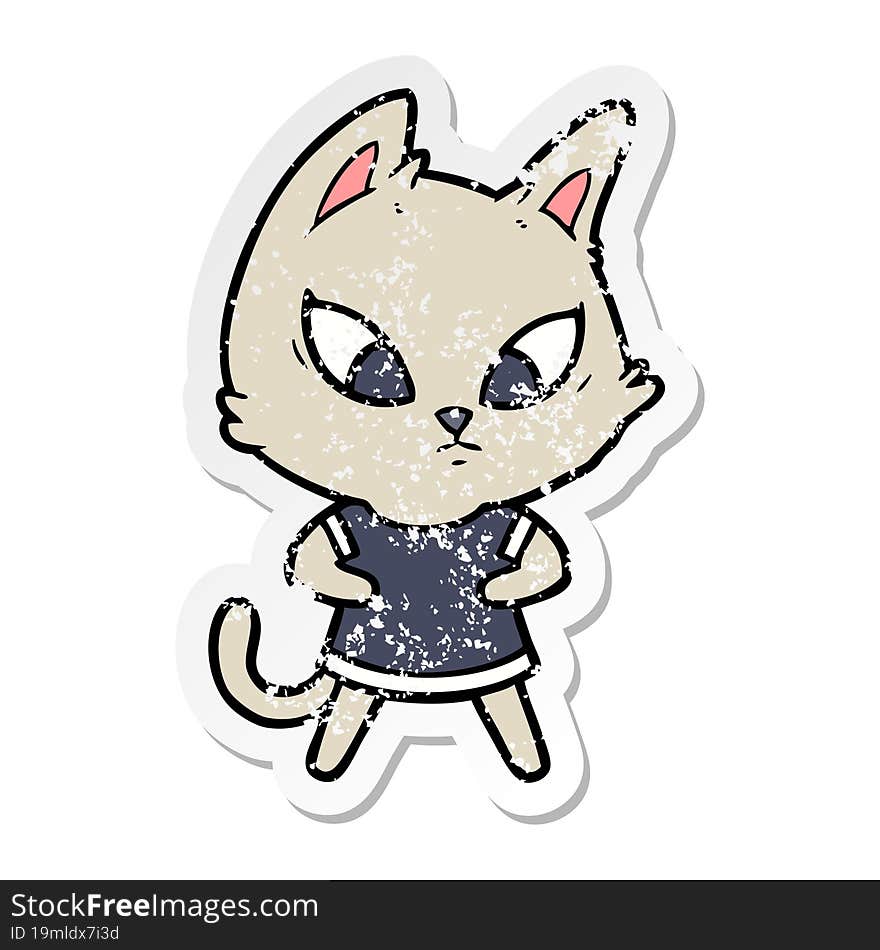 distressed sticker of a confused cartoon cat in clothes