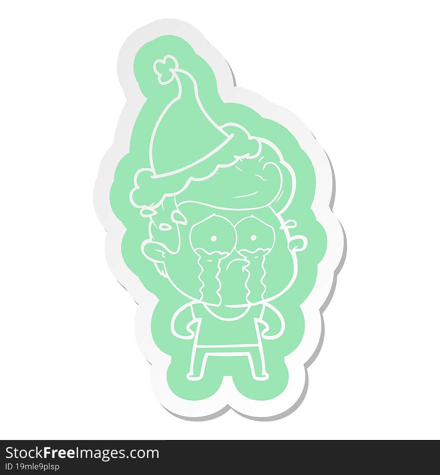 cartoon  sticker of a crying man wearing santa hat