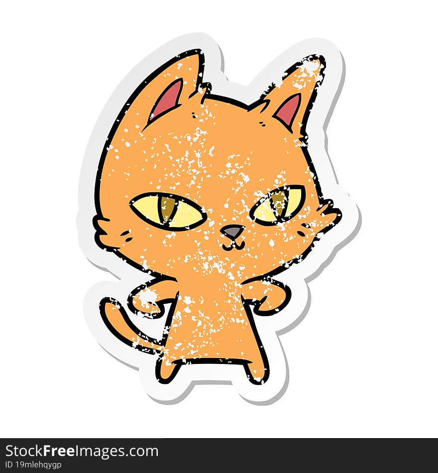 distressed sticker of a cartoon cat staring