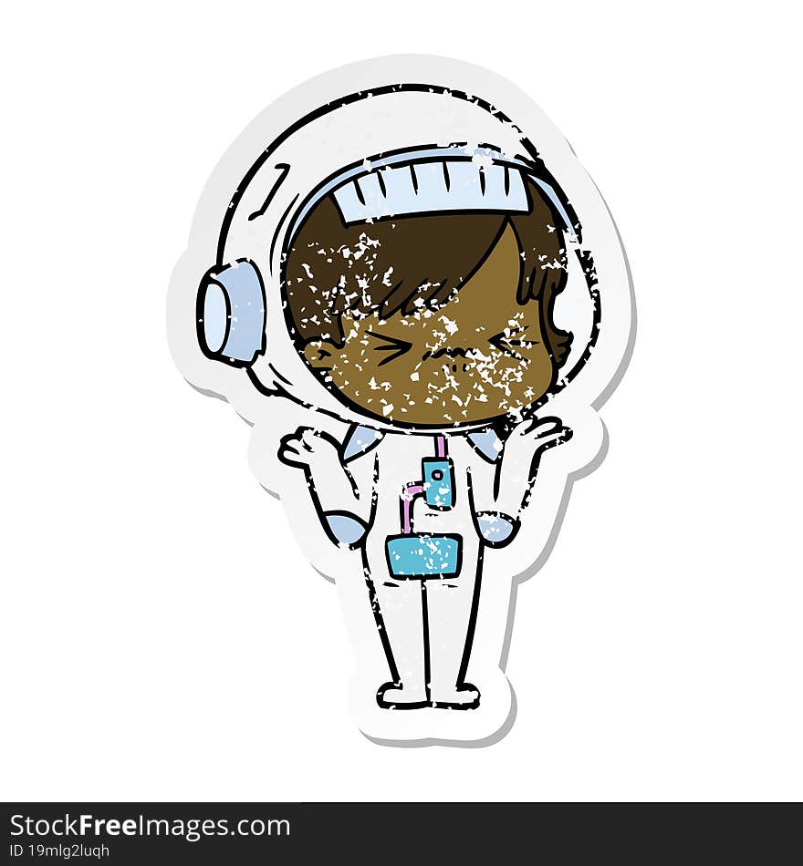 distressed sticker of a cartoon astronaut woman