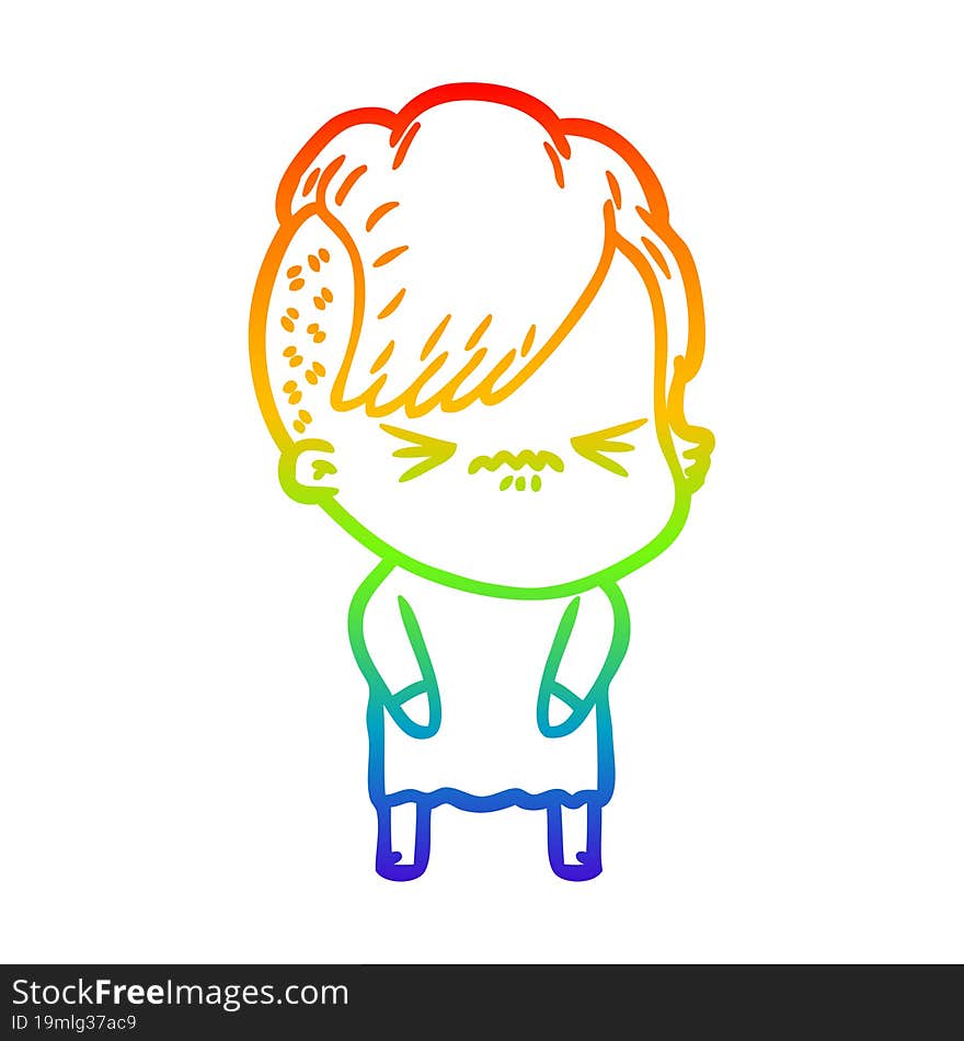 rainbow gradient line drawing of a cartoon annoyed hipster girl