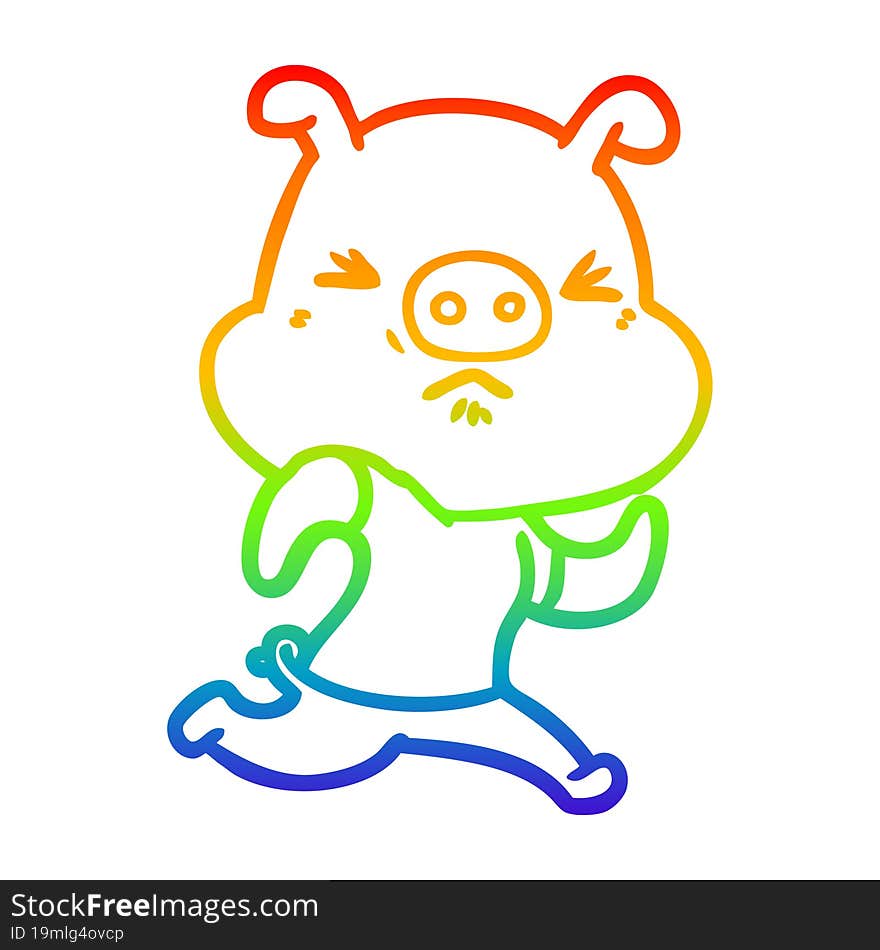 rainbow gradient line drawing cartoon angry pig wearing tee shirt