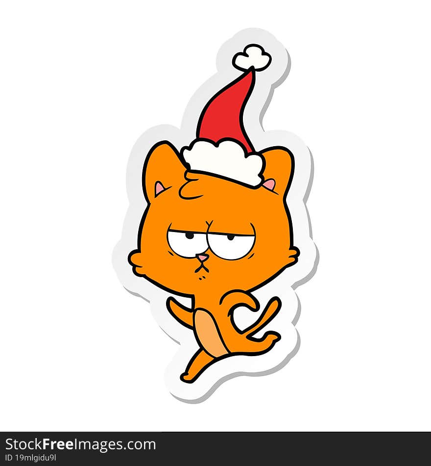 Bored Sticker Cartoon Of A Cat Wearing Santa Hat