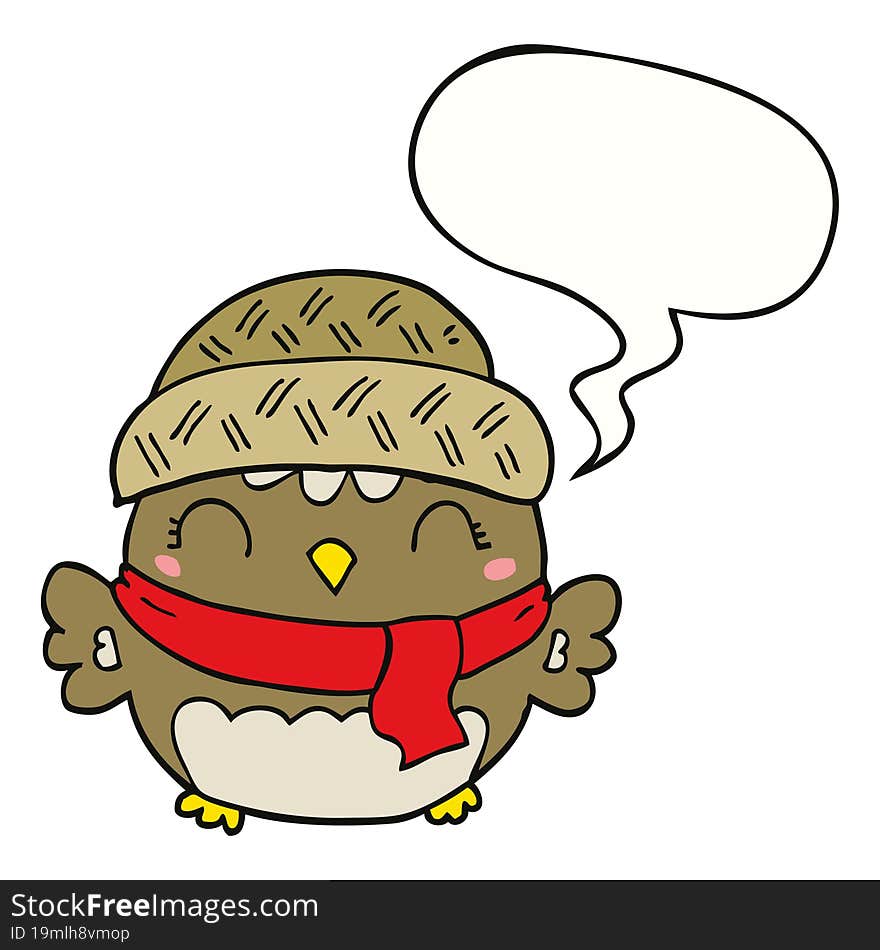 cute cartoon owl in hat and speech bubble