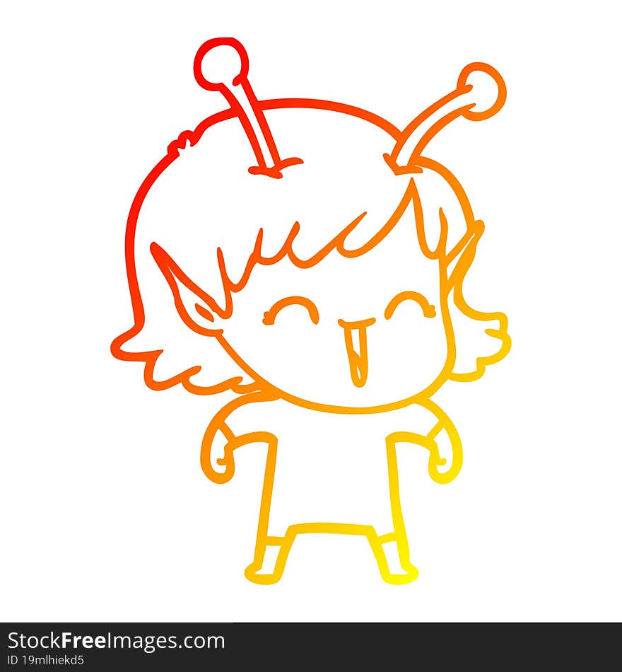 warm gradient line drawing of a cartoon alien girl laughing