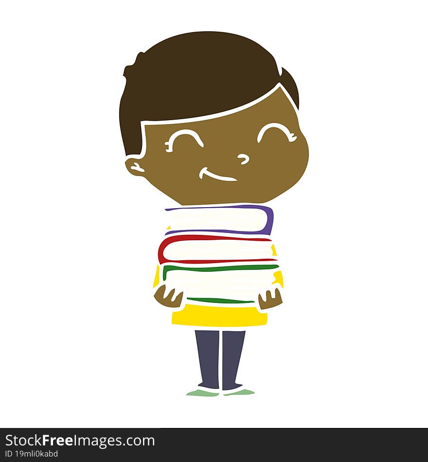 flat color style cartoon boy with books smiling