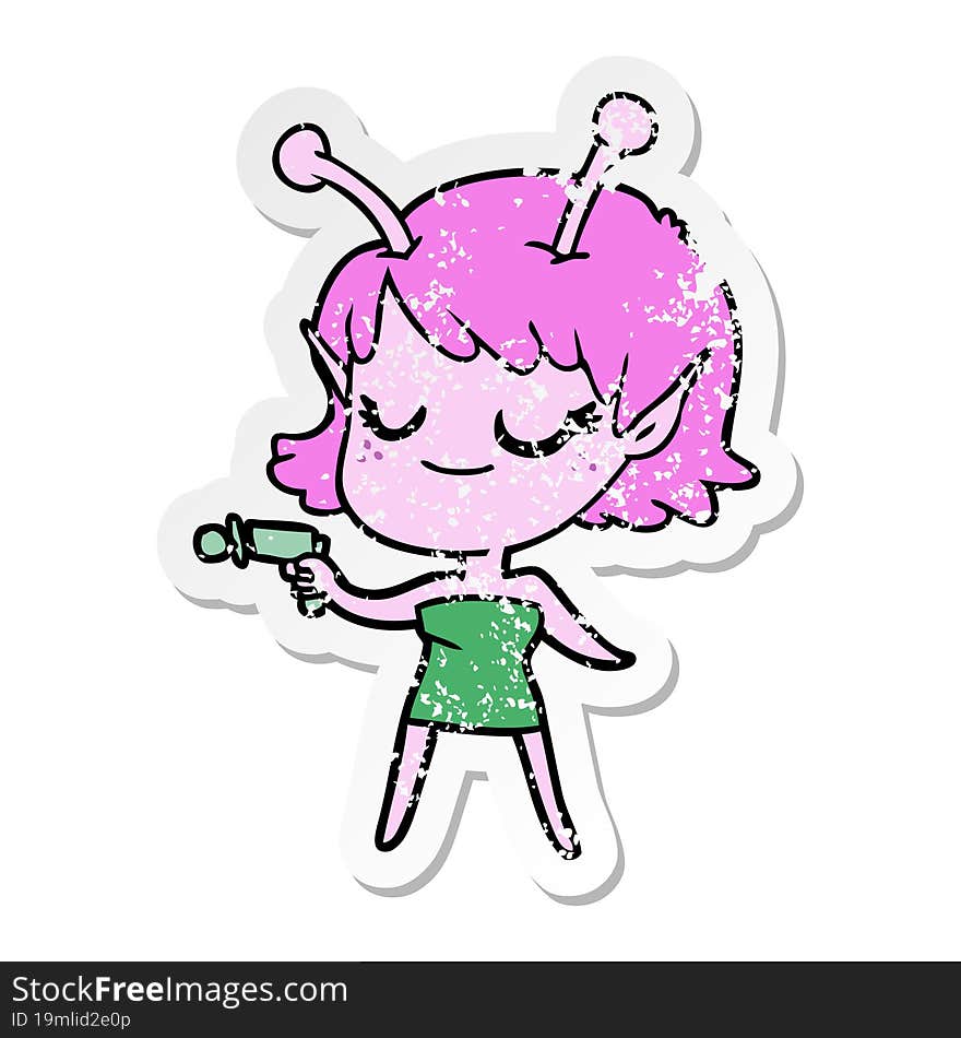 Distressed Sticker Of A Smiling Alien Girl Cartoon Pointing Ray Gun