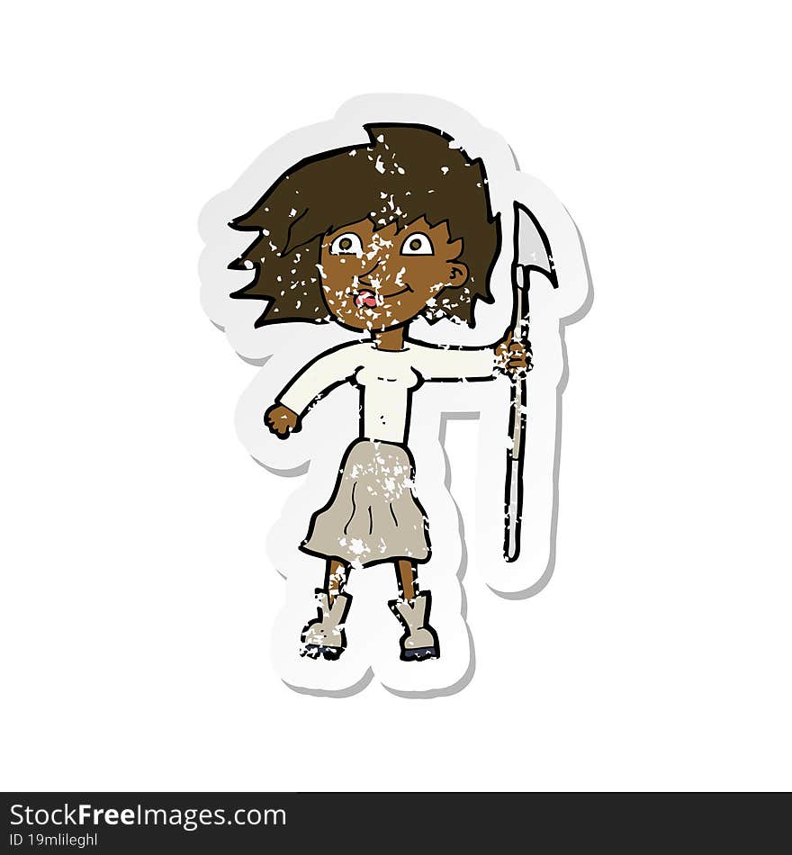 retro distressed sticker of a cartoon woman with spear