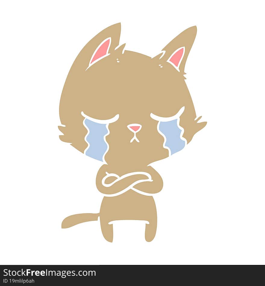 crying flat color style cartoon cat with folded arms