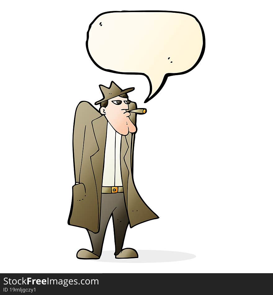 cartoon man in hat and trench coat with speech bubble