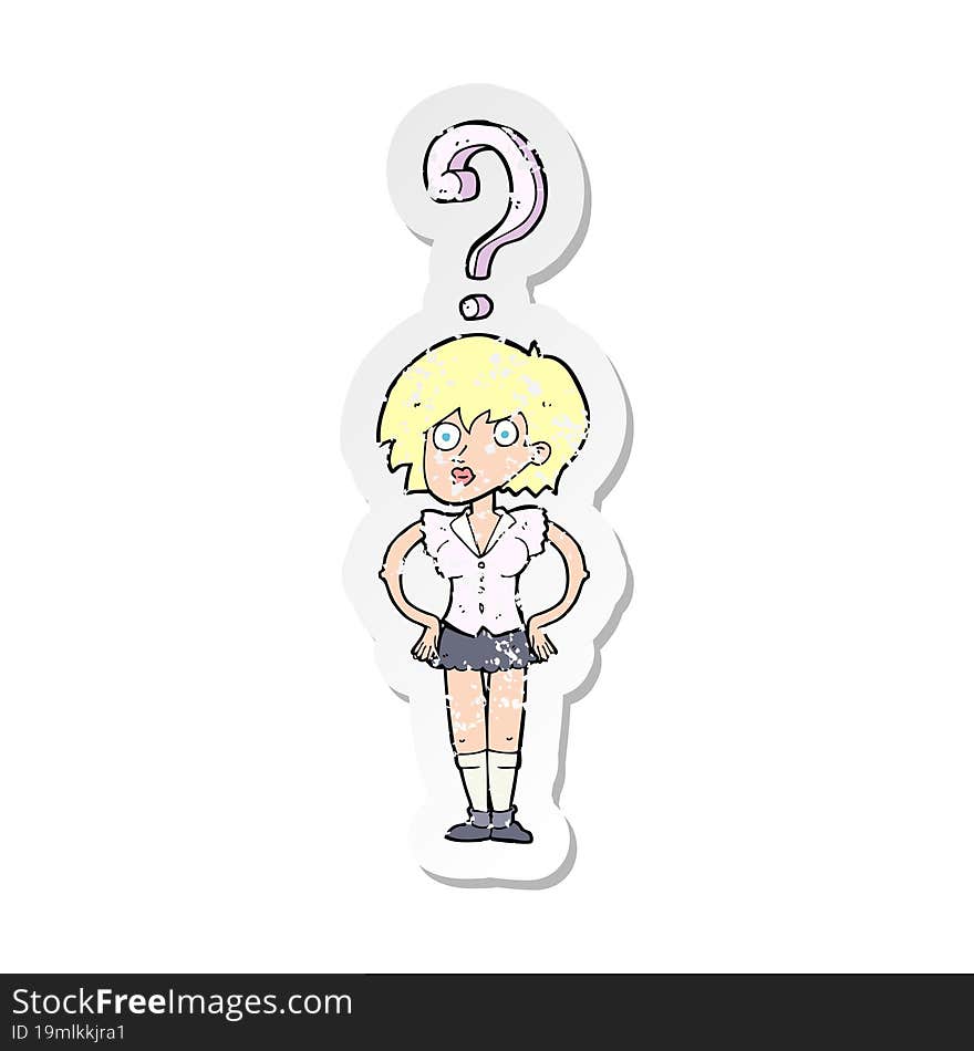 Retro Distressed Sticker Of A Cartoon Confused Woman