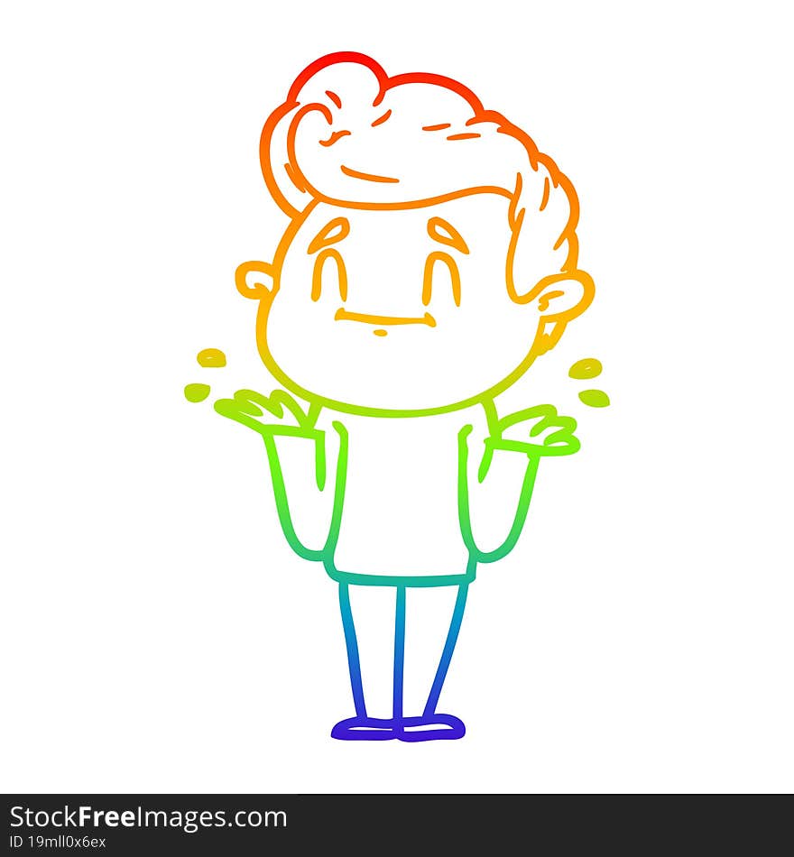 rainbow gradient line drawing happy cartoon man shrugging