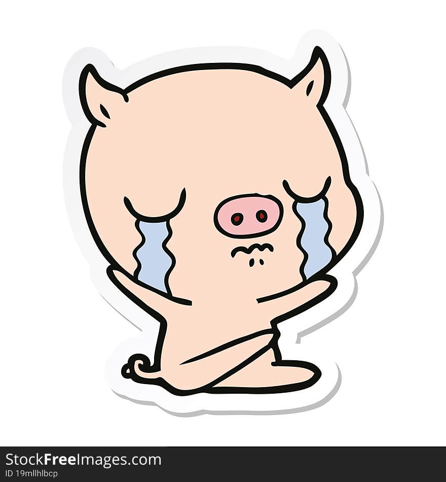 Sticker Of A Cartoon Sitting Pig Crying